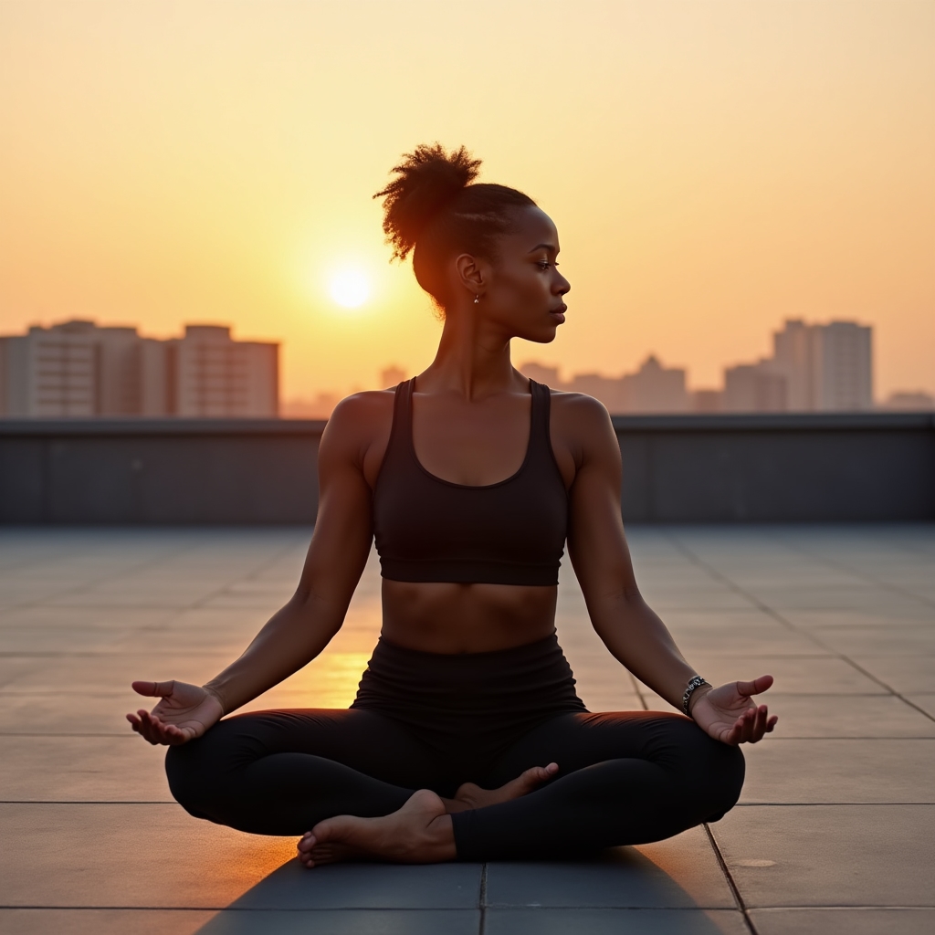 Person doing gentle yoga stretches on an outdoor terrace at sunrise, calm and focused expression